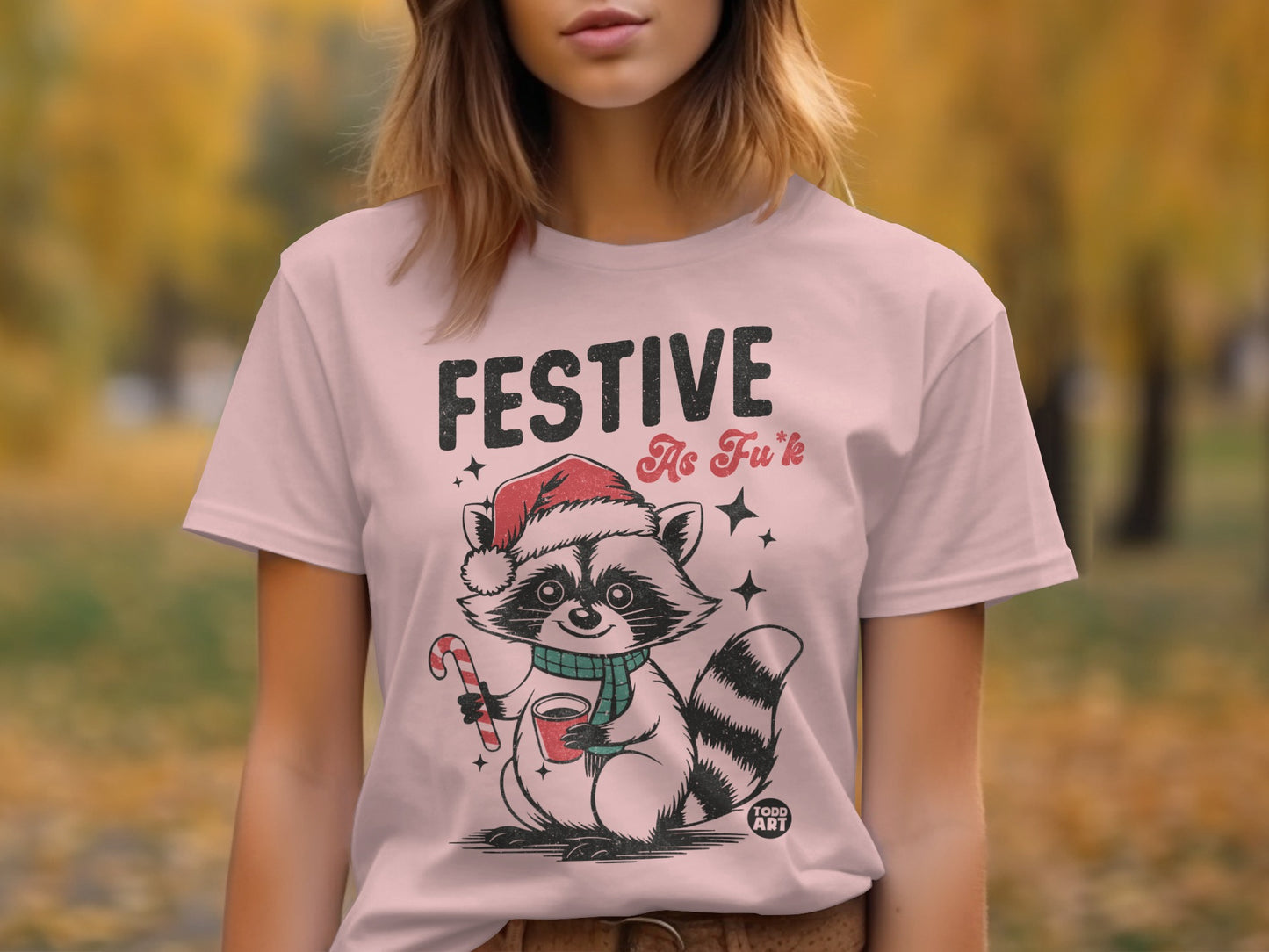 Festive Holiday Raccoon with Santa Hat T-Shirt