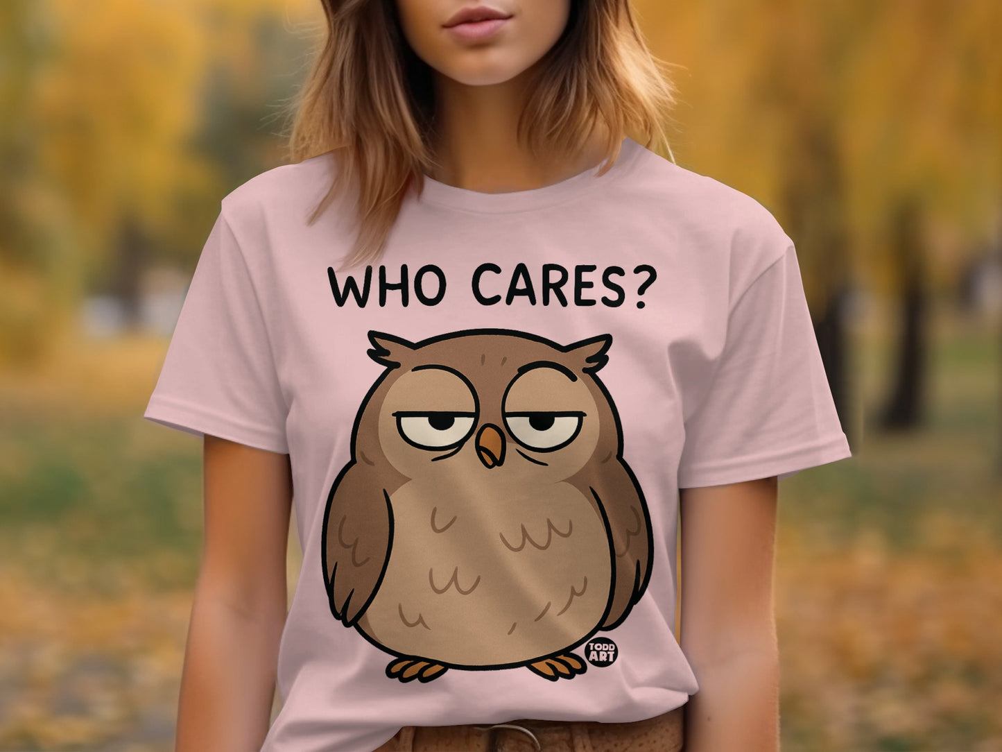 Funny Who Cares Owl Print Graphic Tee Shirt product