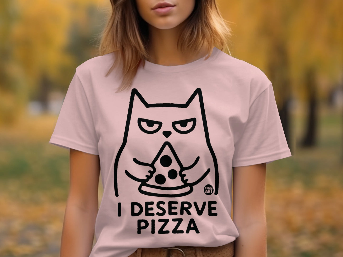 I Deserve Pizza T-Shirt with Funny Cat Graphic Design