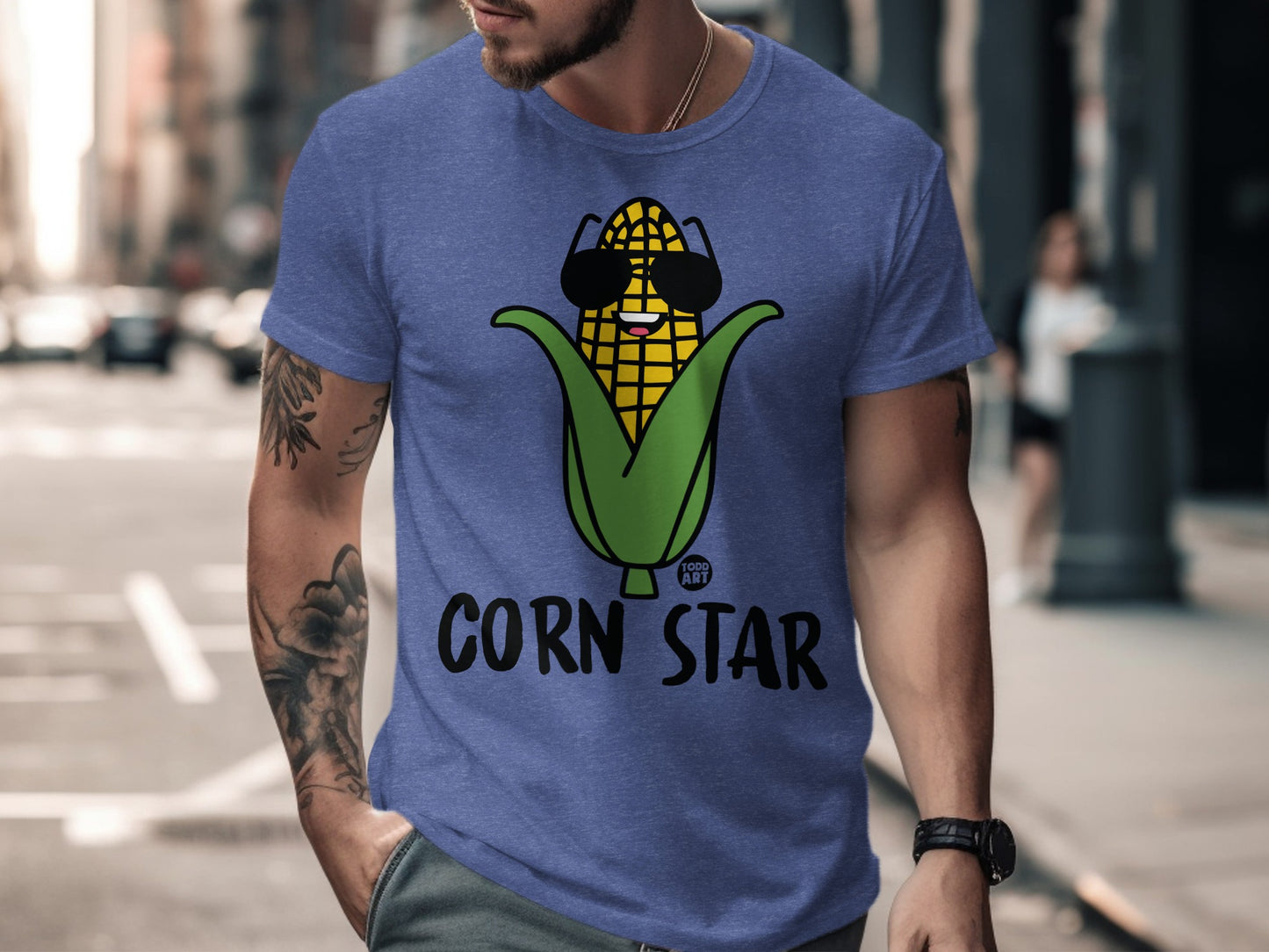 Funny Corn Star T-Shirt with Sunglass-Wearing Corn Design