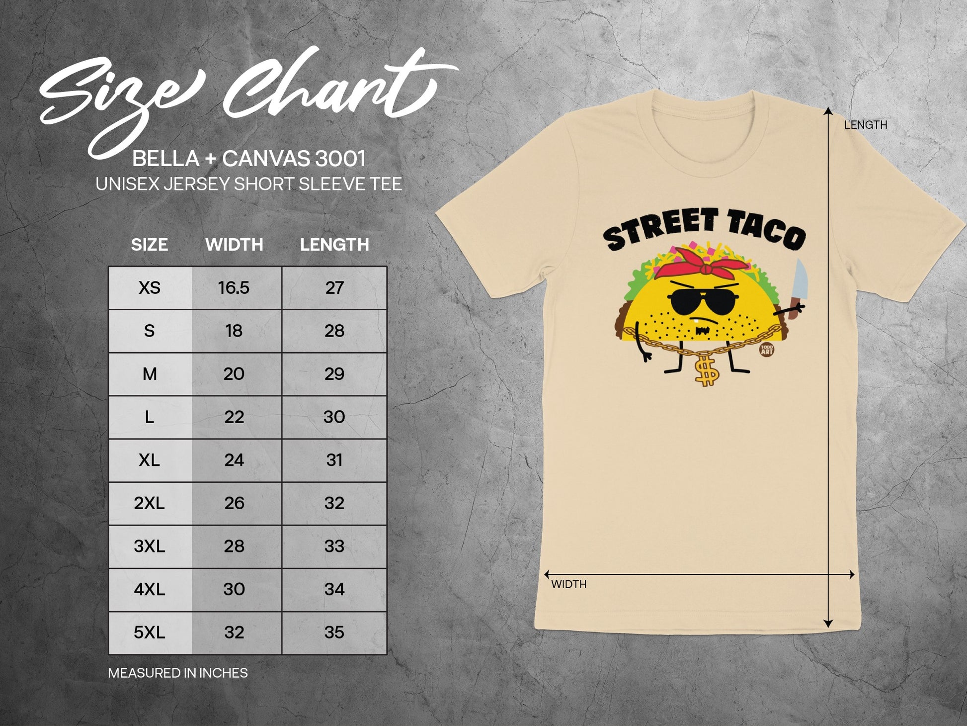 Street Taco Graphic Tee with Size Chart