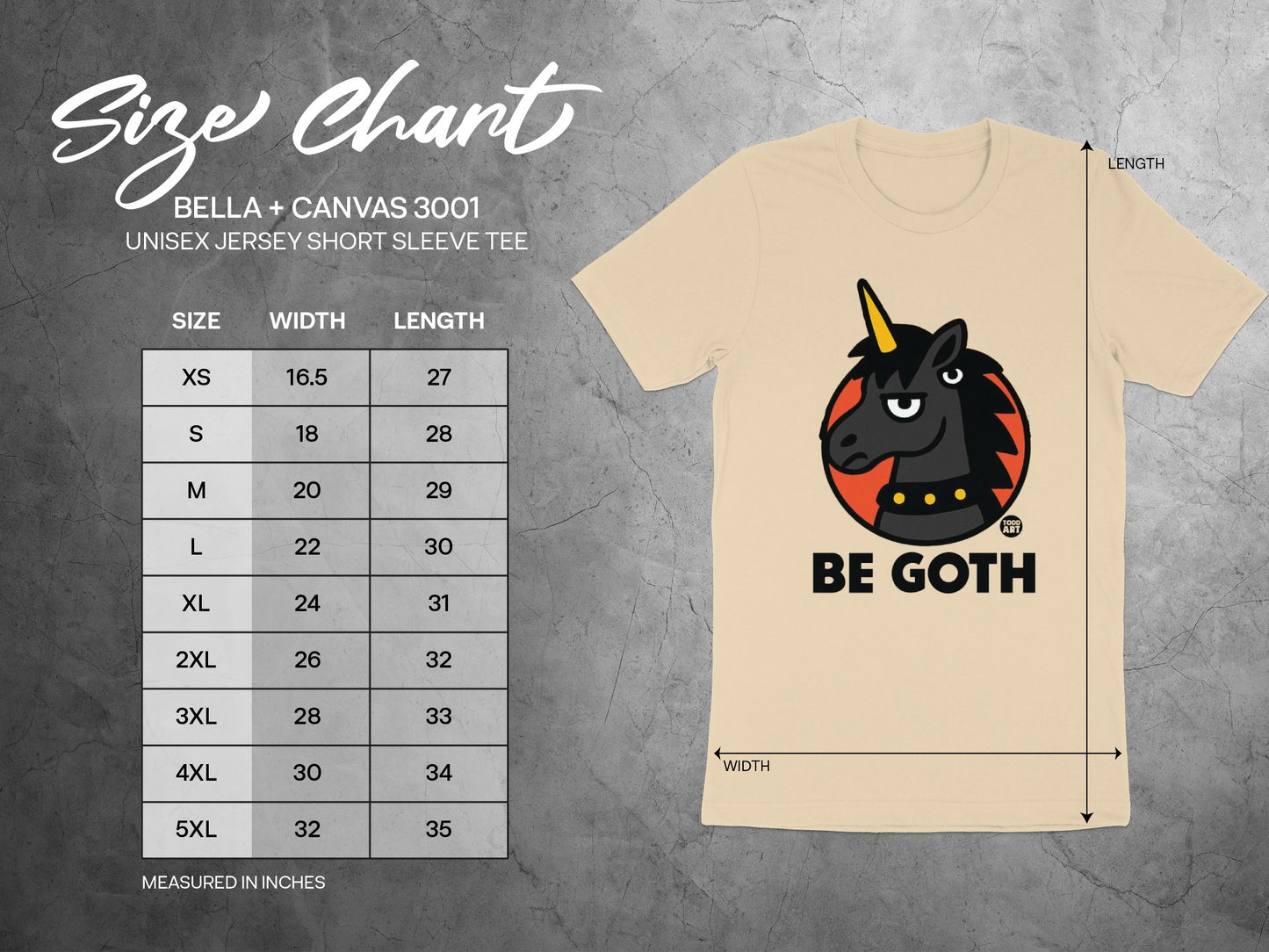 Black Unicorn Be Goth Shirt Size Chart Tee