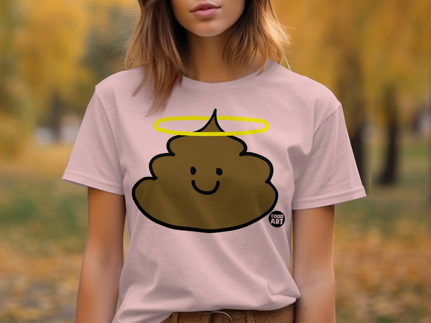 Smiling poop with halo unique graphic tee product