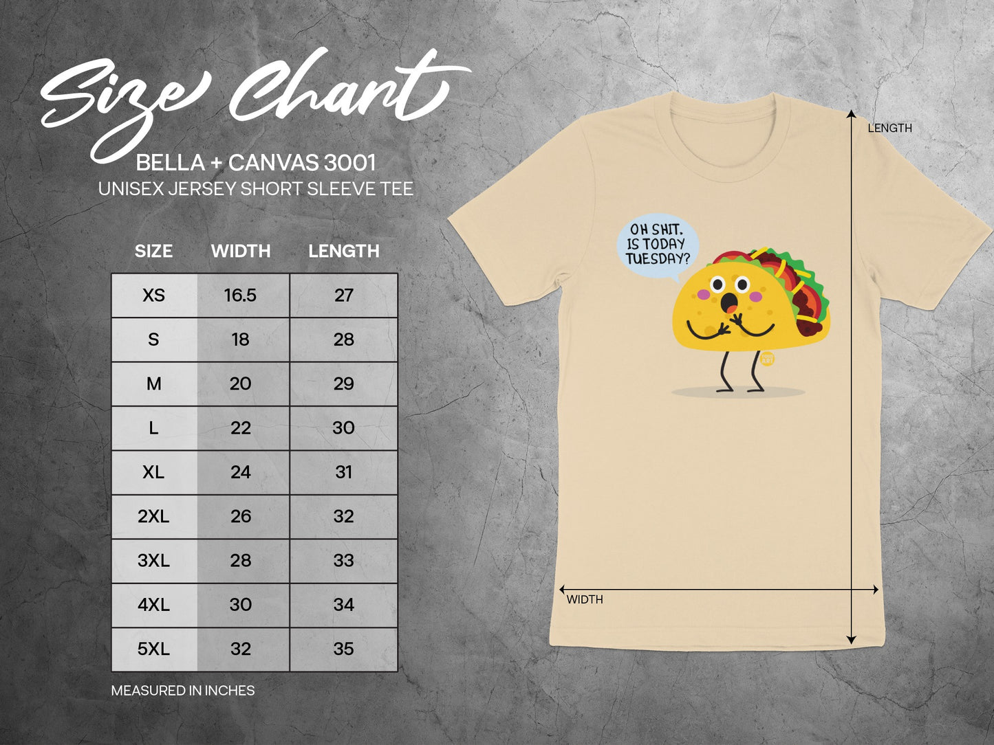 Funny Taco Graphic Design T-Shirt with Size Chart