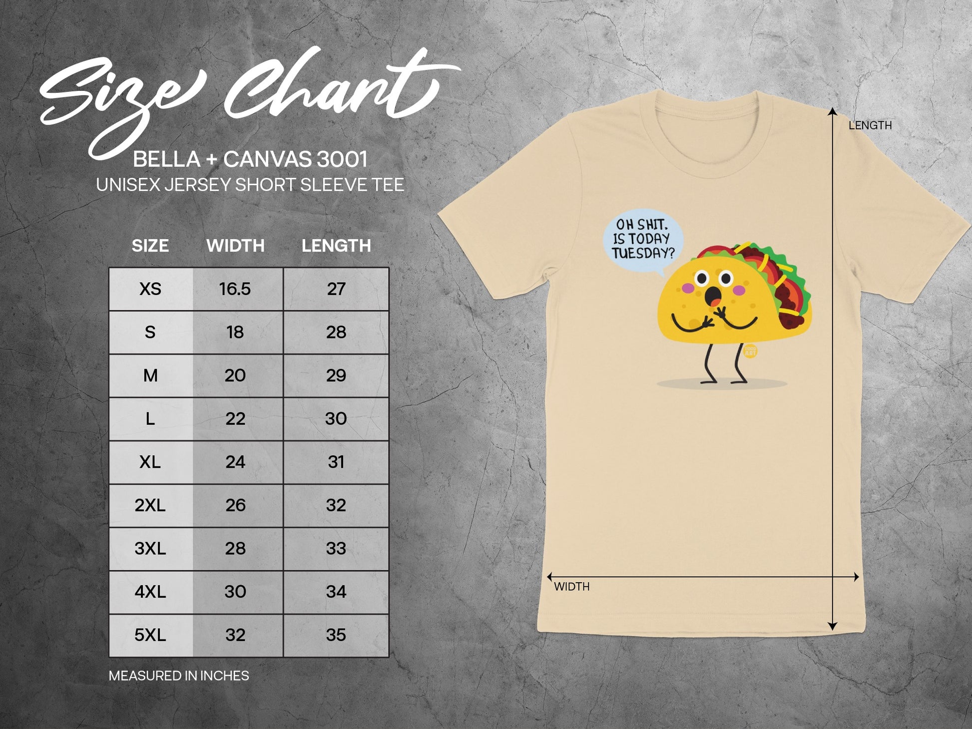 Funny Taco Graphic Design T-Shirt with Size Chart